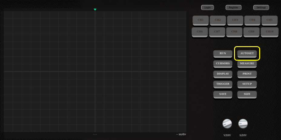 Position of the autoset button on the oscilloscope's main screen.
