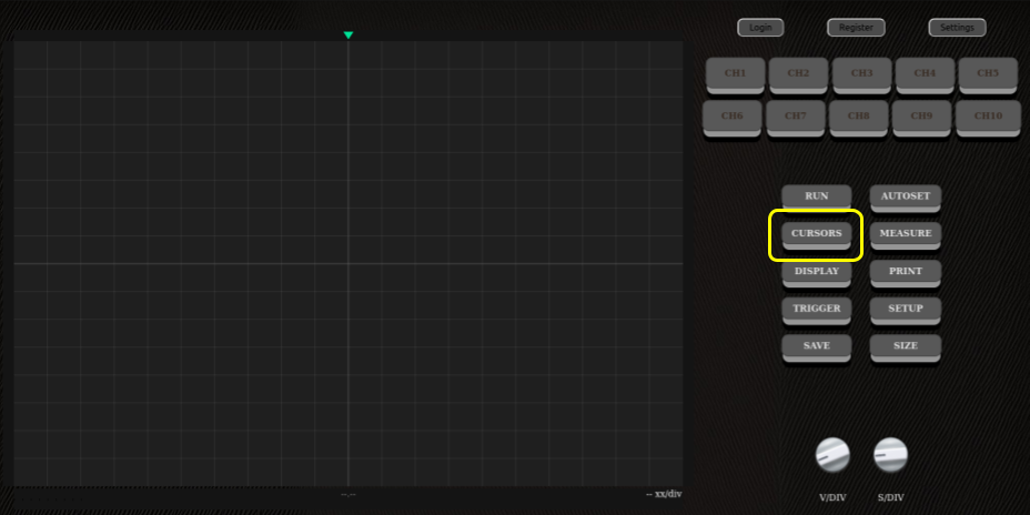 Position of the cursors button on the oscilloscope's main screen.