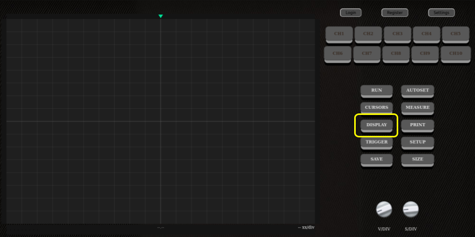 Position of the display button on the oscilloscope's main screen.