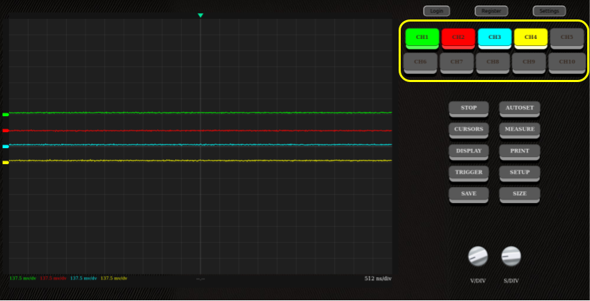 Position of the channel buttons on the oscilloscope's main screen.