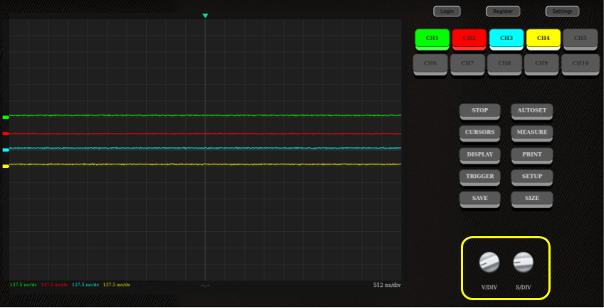 Position of the knobs on the oscilloscope's main screen.