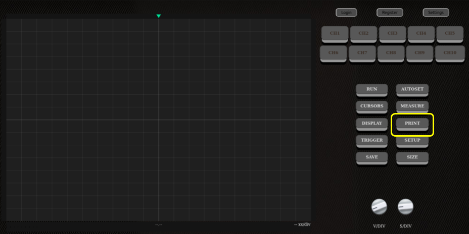 Position of the print button on the oscilloscope's main screen.