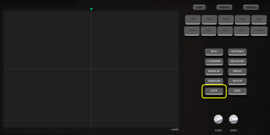 Position of the save button on the oscilloscope's main screen.