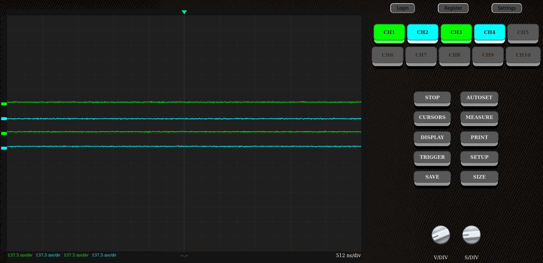 Oscilloscope screen with only green and blue signal colors with light grid.