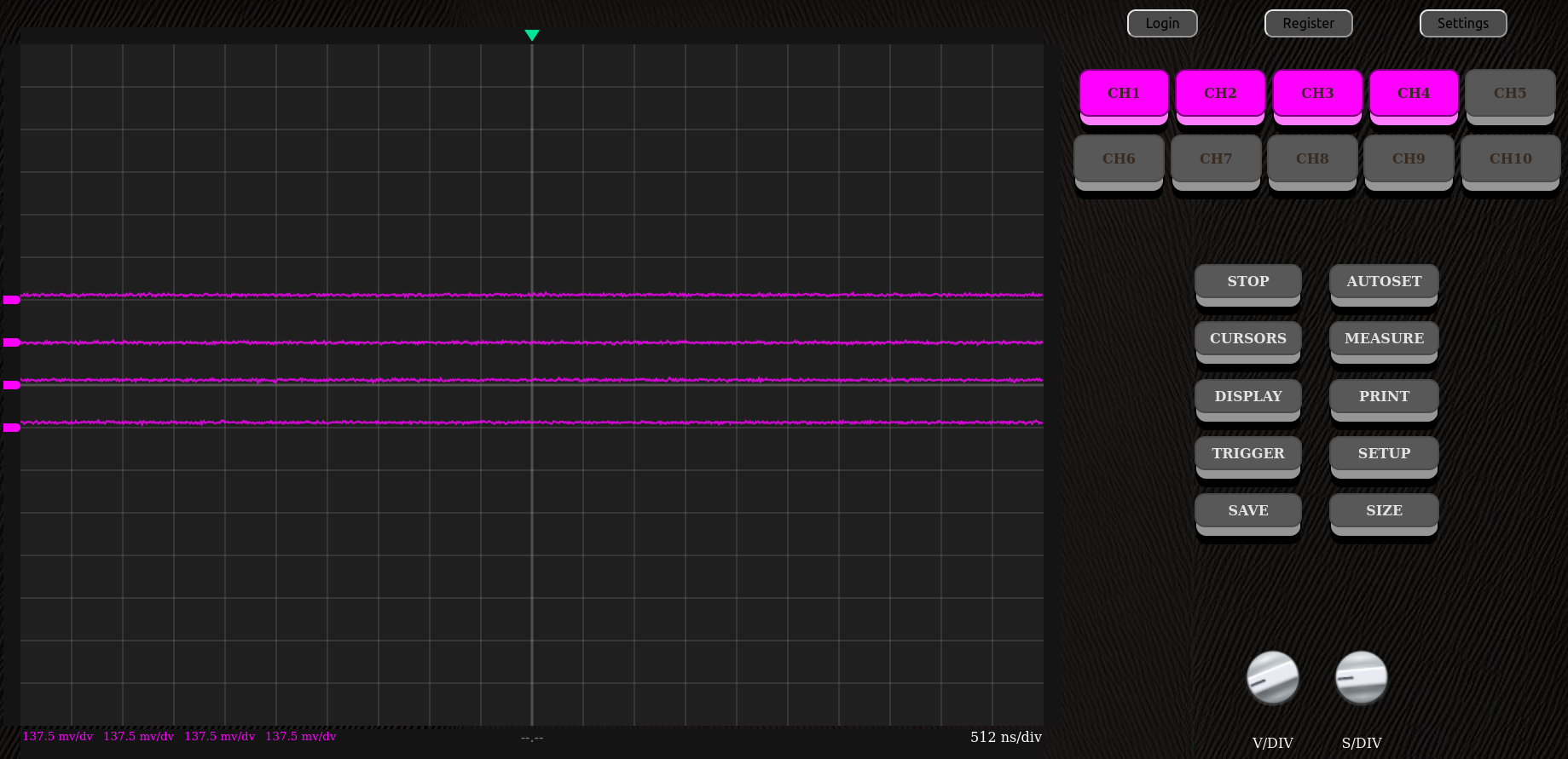 Oscilloscope screen with heavy grid and all-purple signals