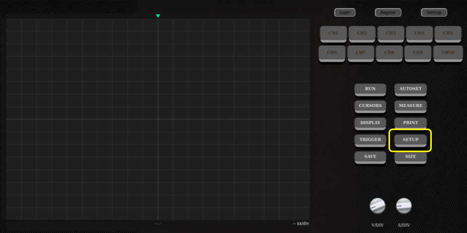 Position of the Setup button on the oscilloscope's main screen.