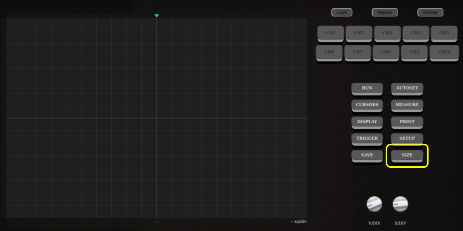 Position of the size button on the oscilloscope's main screen.