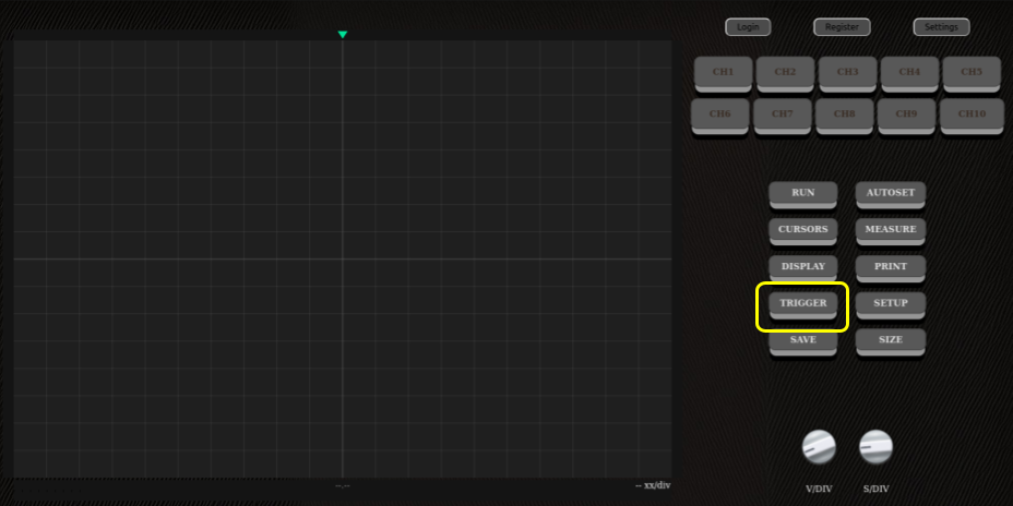 Position of the Trigger button on the oscilloscope's main screen.